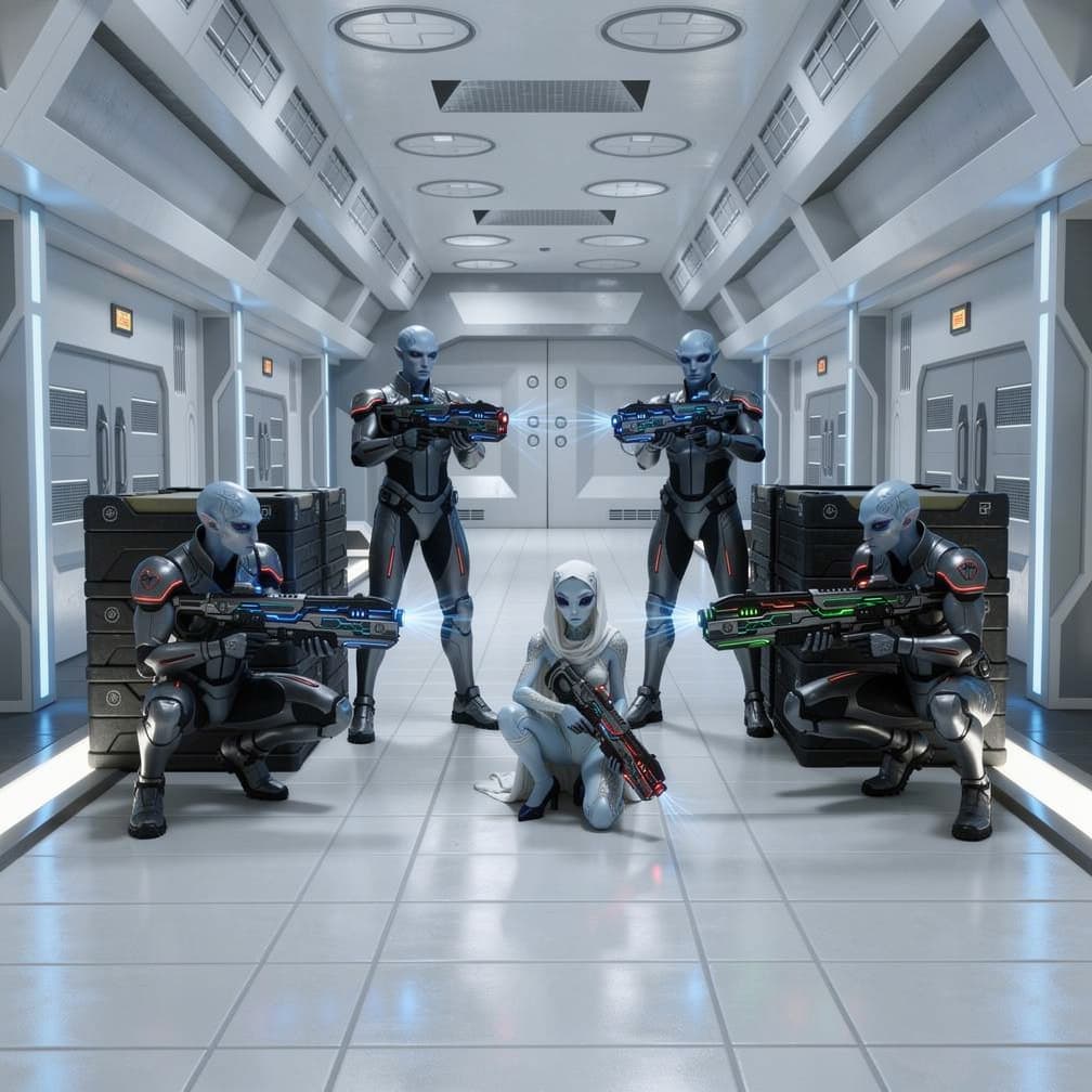 AI generated: futuristic sci-fi storage corridor, clean white walls, blue lighting accents, stacked crates along b...