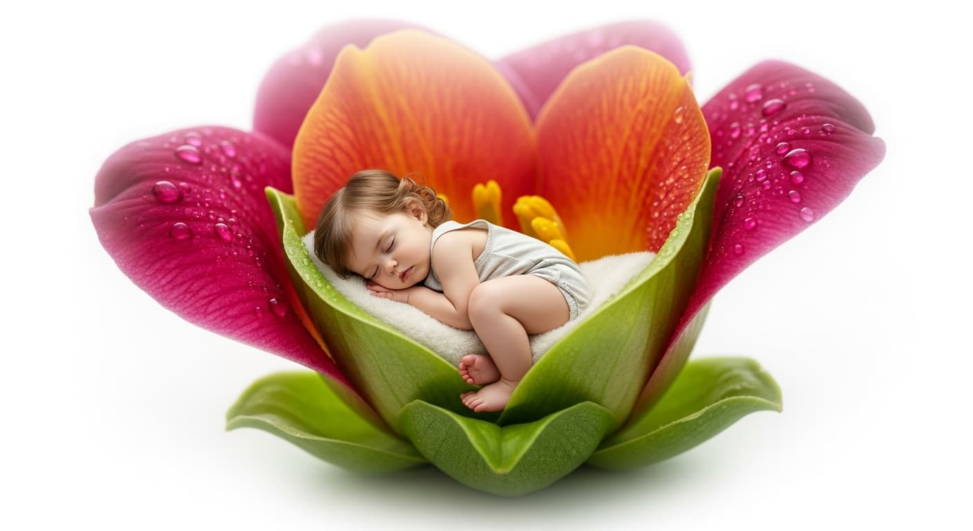 AI generated: In the calyx of an exotic flower a very cute toddler girl lies and sleeps, white background
