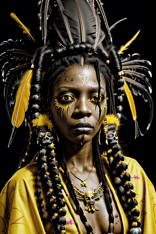 AI generated: Realistic beautiful youthful Voodoo priestess, intense expression, yello eyes, voodoo headdress with...