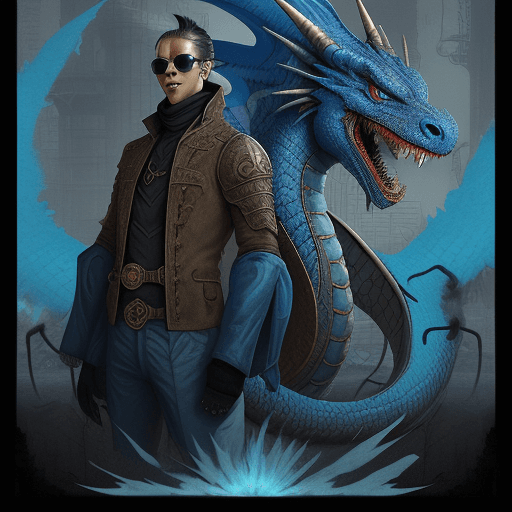 AI generated: poster of a blue dragon with sunglasses, in the style of orient-inspired, post-apocalyptic surrealis...