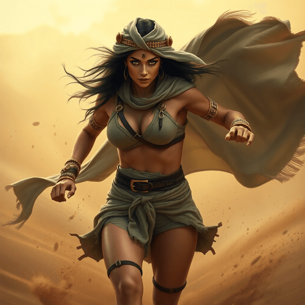 AI generated: A beautiful, fierce Egyptian warrior struggles through a raging sandstorm. She wears a tightly wrapp...