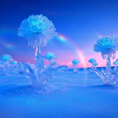 AI generated video: A snow-covered plain of iridescent moon-dust under twilight skies. Thirty-foot crystalline flowers b...