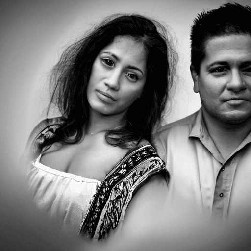 AI generated: portrait photo of a latino couple, in traditional party dress, color, Martin Schoeller, serious eyes...