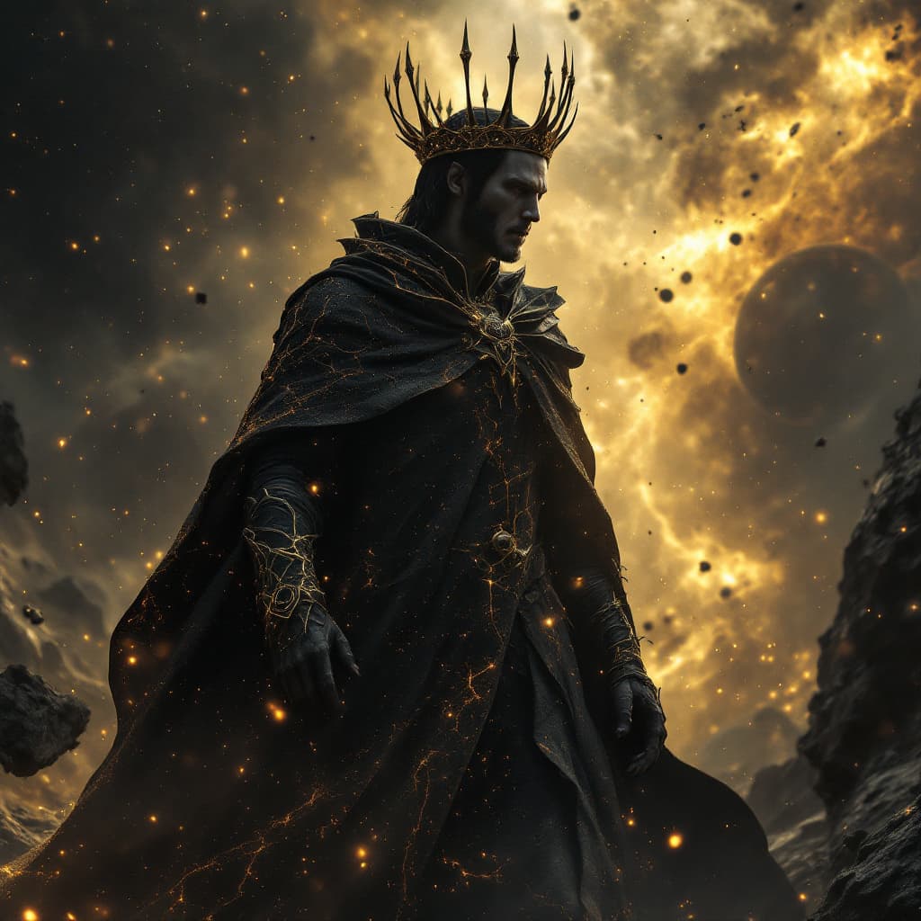 AI generated: Ultra-photorealistic cinematic portrait of Keanu Reeves as the Black Crown, Sovereign of the Void Th...