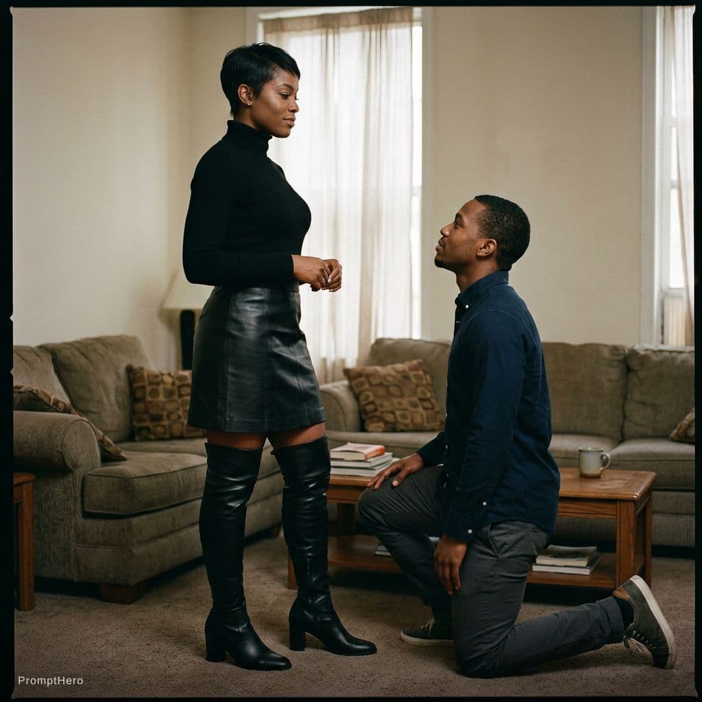 AI generated: black man kneeling before ebony femdom with short hair wearing short skirt and thigh high black boot...