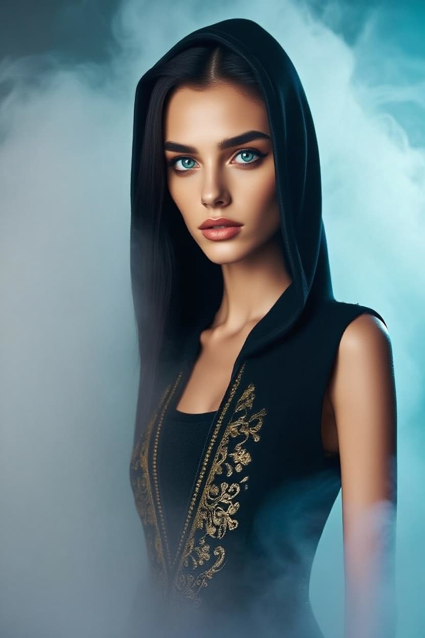 AI generated: "Epic, modern, future-themed, high resolution full-body portrait photograph depicting a slender supe...