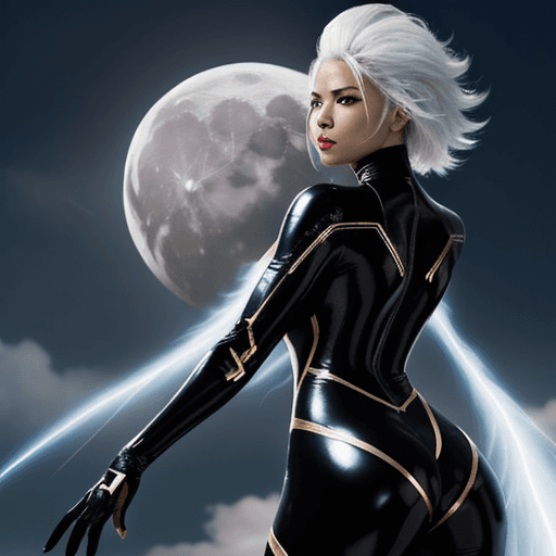 AI generated: Marvel's STORM, rear view, wearing a skintight black shiny leather suit in gold trim and a mohawk ha...