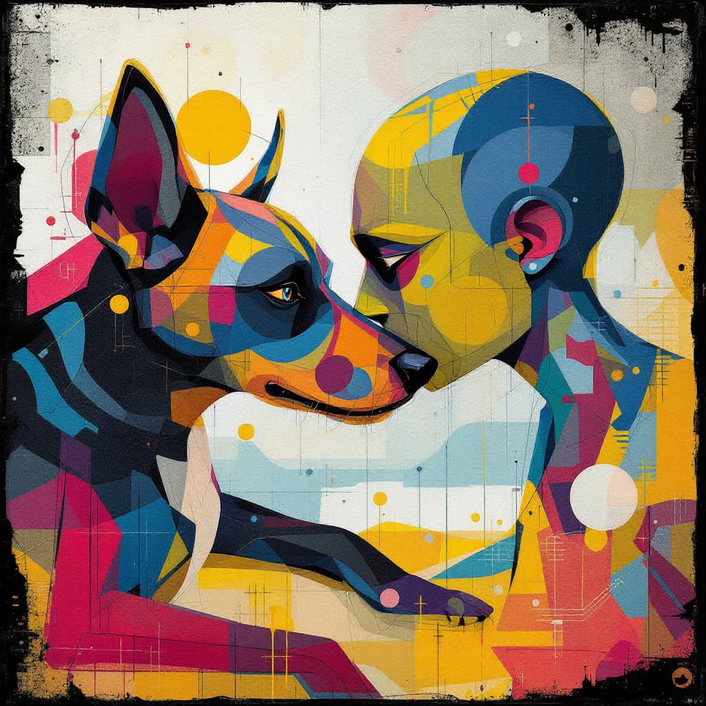 AI generated: abstract surrealism dog and  man --ar 1:2 --personalize yruxpc2 --stylize 750 --v 6.1