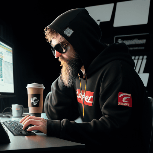 AI generated: hacker, darkroom, coder, computer, man, medium beard, cool, grunge, (typing), ultra detailed detaile...
