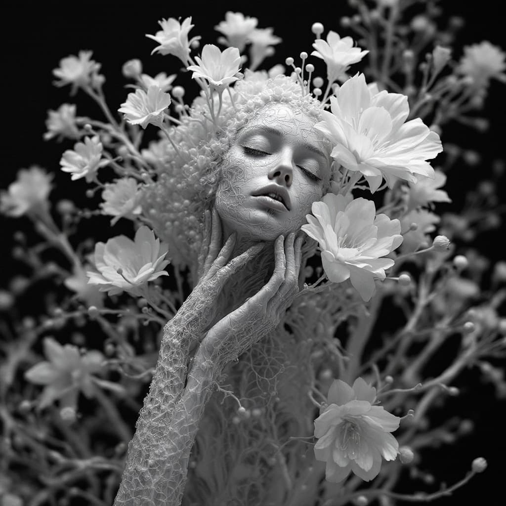 AI generated: 3d woman in flowers with human and flower shaped branches, in the style of medical imaging film., se...
