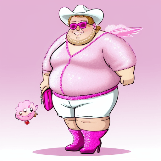 AI generated: overweight, white male, Pink fuzzy type sweater, Pink, sequin, Knee length tight skirt on a fat man,...