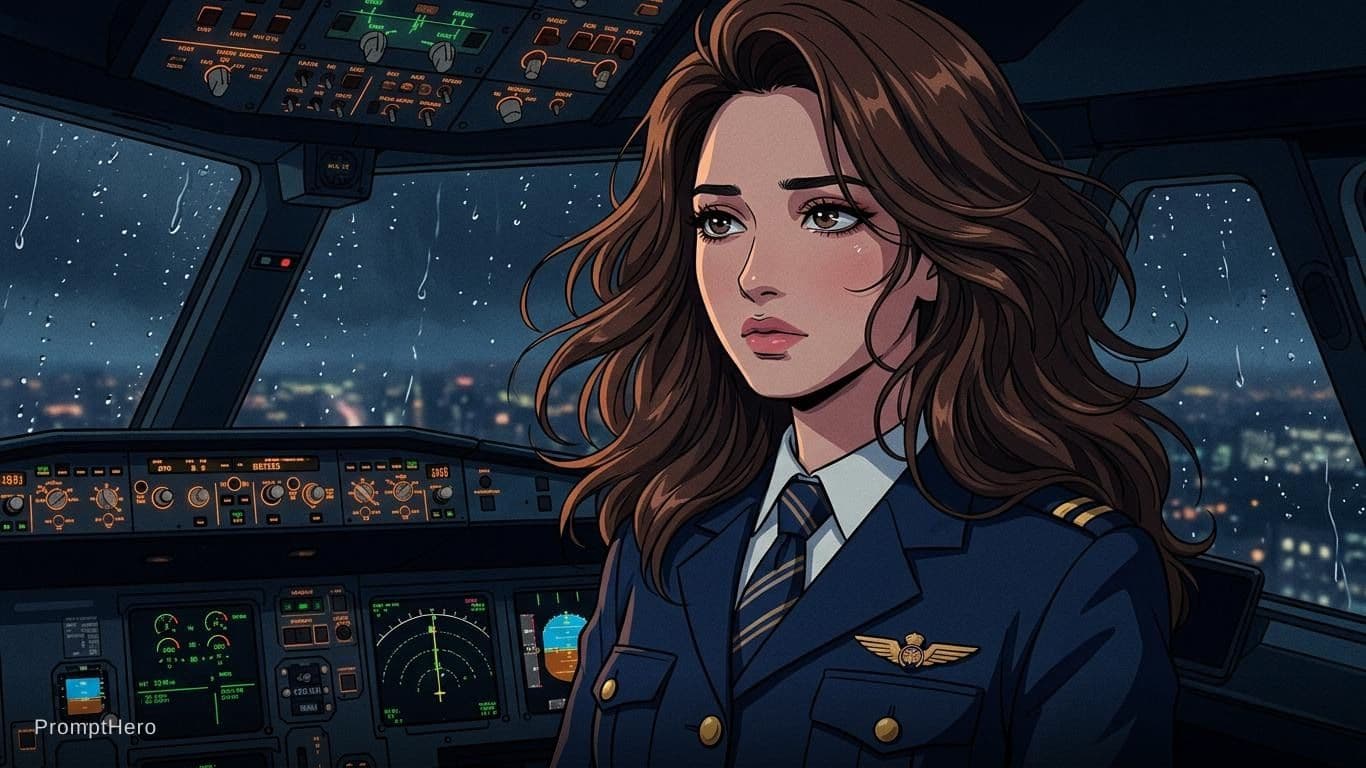 AI generated: A beautiful brunette pilot girl, beautiful, moody lighting, 90s anime minimal masterpiexce