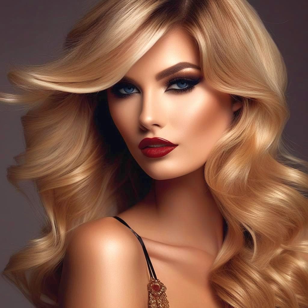 AI generated: The photo is a close-up of a young woman with long, wavy blonde hair. She has dramatic makeup with b...