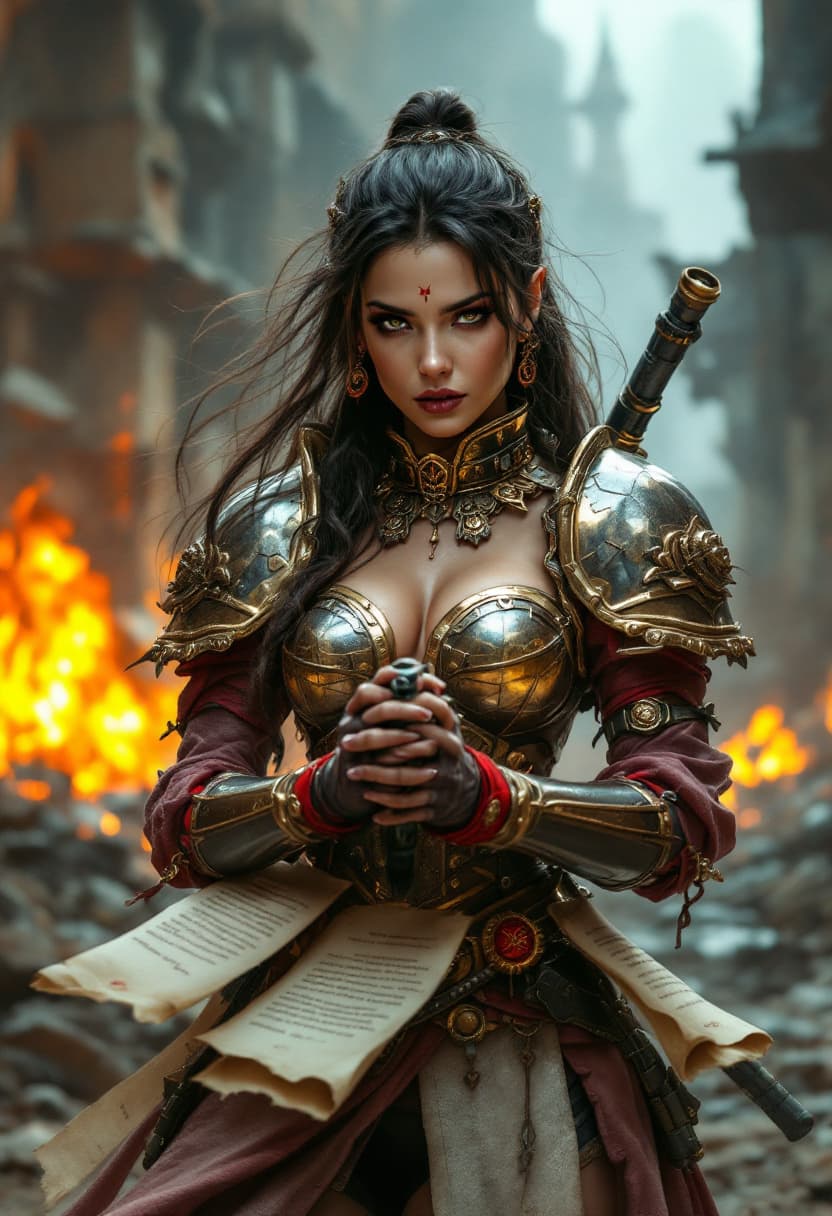 AI generated: high quality photo of standing whsororitas with bolter in hands 1girl, flaming city ruins in backgro...