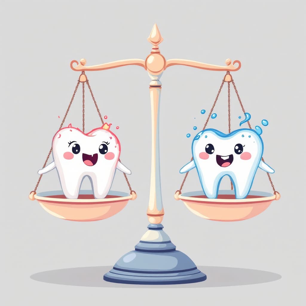 AI generated: A scale with decayed teeth on one side and a diseased pancreas and diabetes on the other. It is a cu...