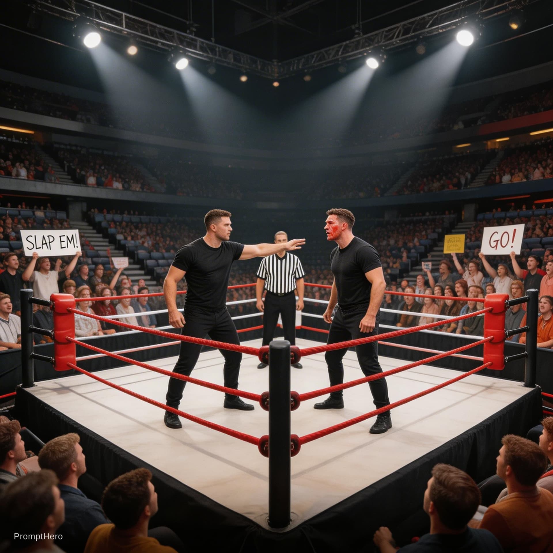 AI generated: slap game in a big ring with audience
