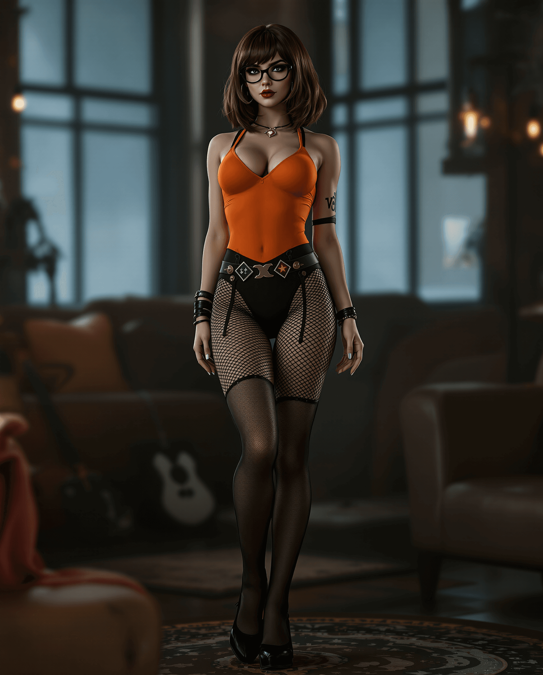 AI generated: Photo of a ultra realistic of velma from scooby-doo, very sultry look, so hot girl, beautiful charis...
