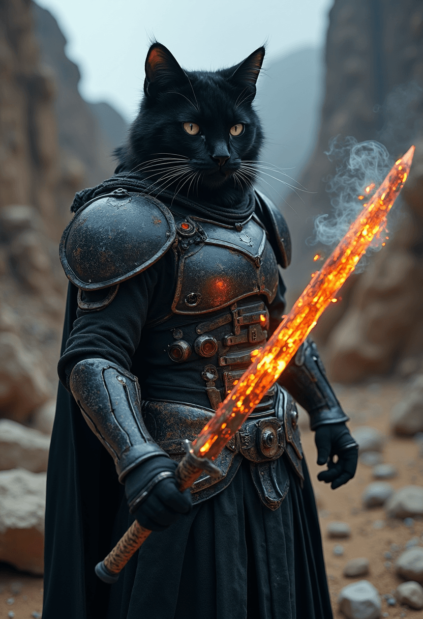 AI generated: A black cat with metal armor with cracks and wear, looking seriously at the viewer, wields a smoking...