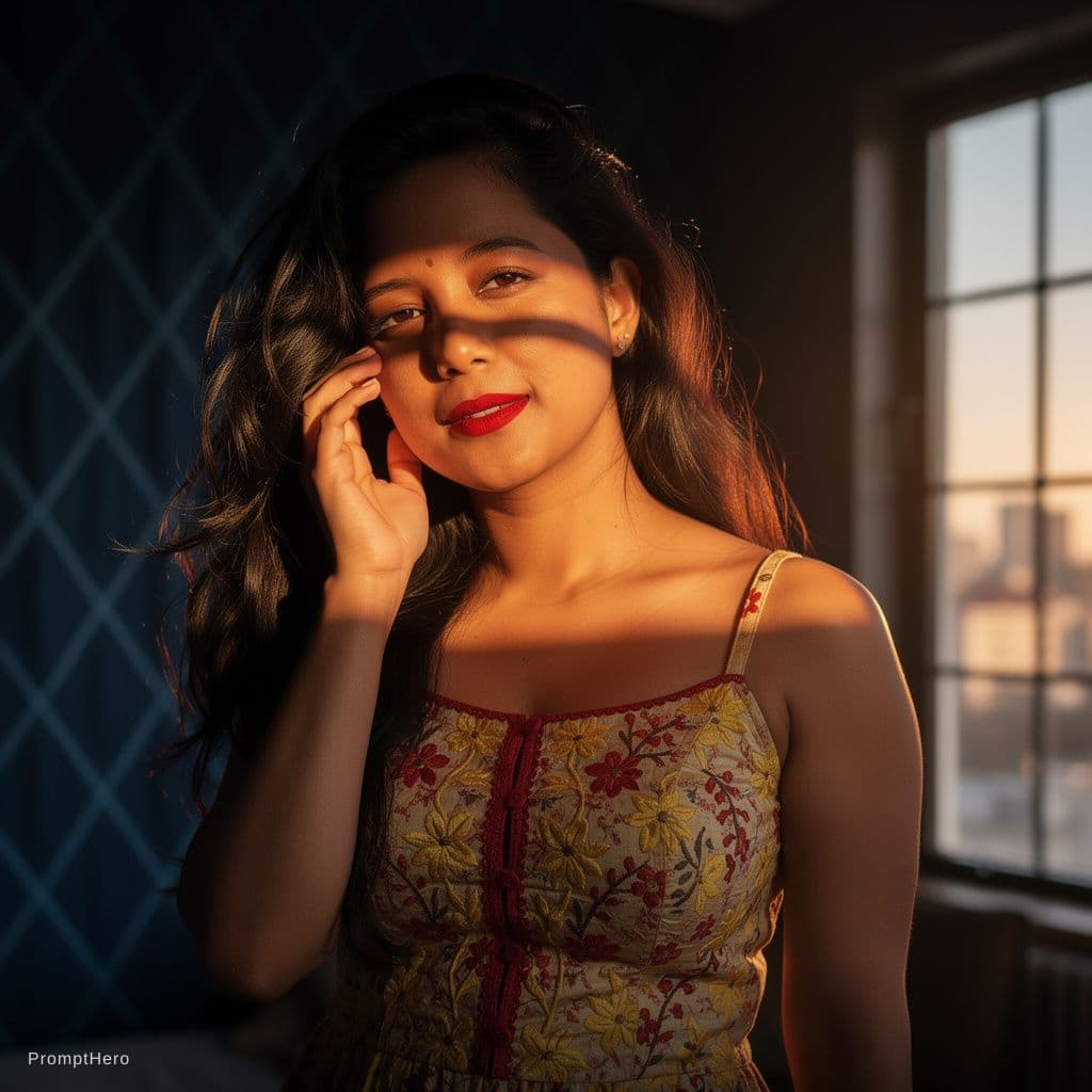 AI generated: A cinematic photorealistic boudoir portrait of a beautiful Asian woman kneeling on a bed. She is wea...