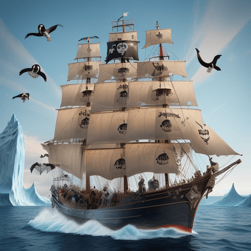 AI generated: an image of a group of pirate penguins on a pirate  boat. The penguins should be well-personified, w...