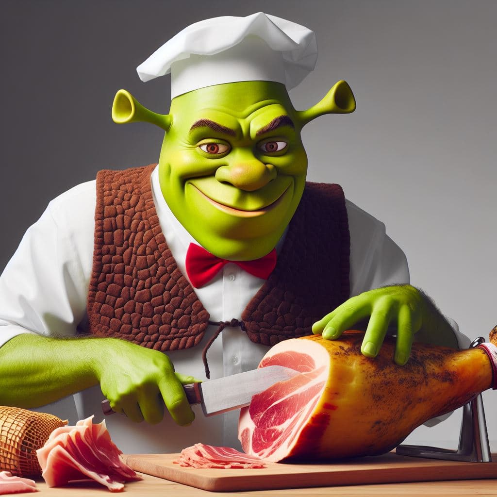 AI generated: Shrek dressed as a butcher is a pro at splitting Serrano ham on the ham stand.