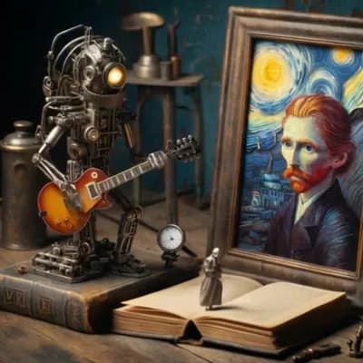 AI generated video:  robot toca la guitarra, el personage del cuadro se toca el bigote con la mano y la figura pequeña q...
