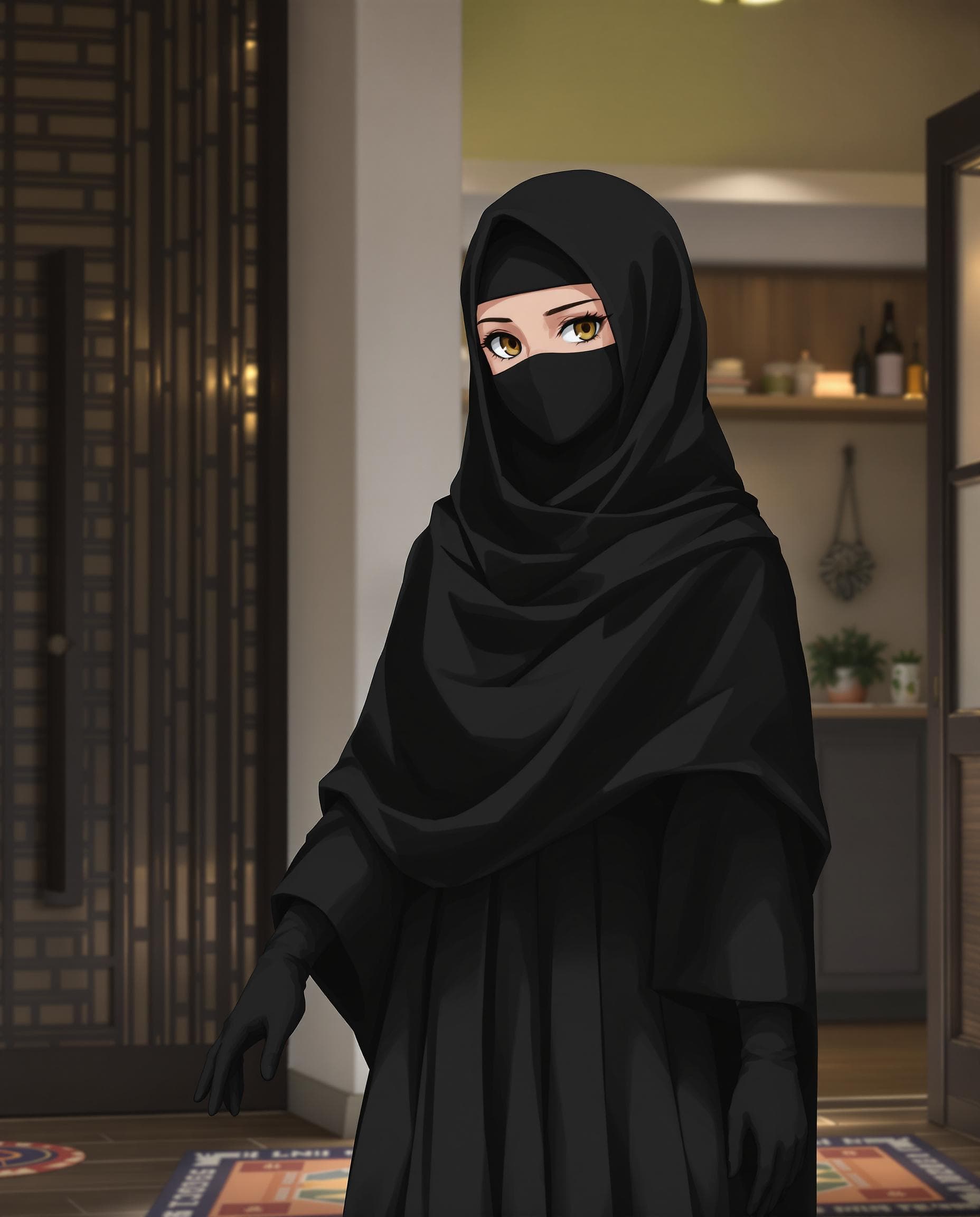 AI generated: anime of a girl, wearing a black hijab with the covering face like a Arabian woman in black clothes,...