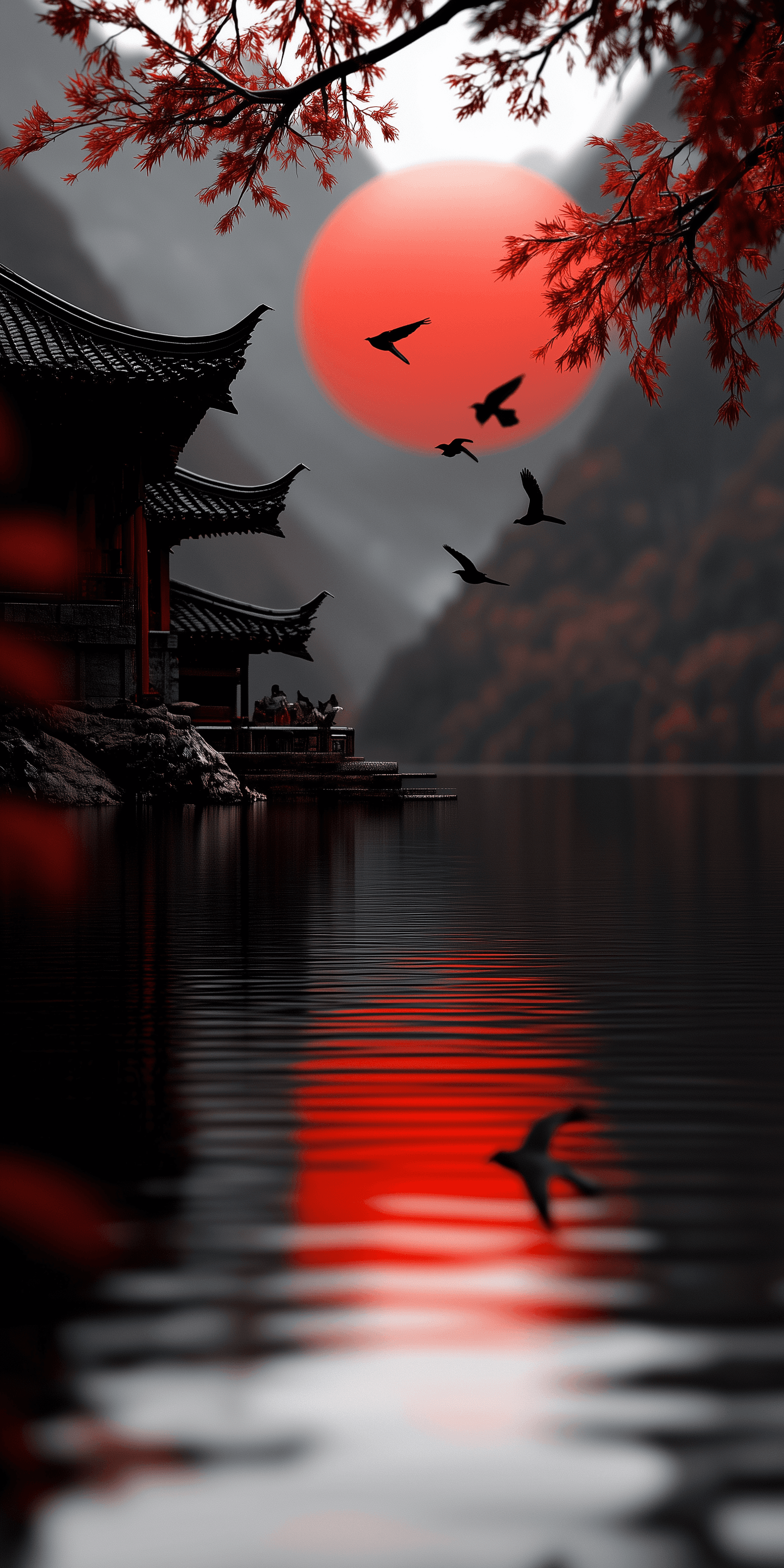 AI generated: A red sun is setting behind the mountains, with an ancient Chinese building on one side and water in...