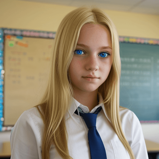 AI generated: a girl with blond hair and blue eyes standing in a school