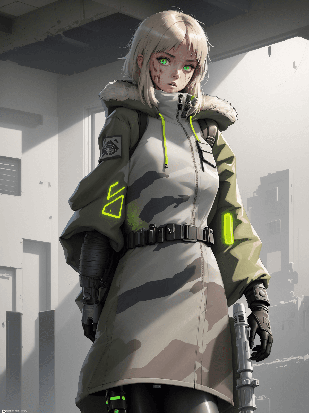 AI generated: a woman wearing a poncho oversized puffer jacket, inspired by OffWhite, tumblr, inspired by Yanjun C...