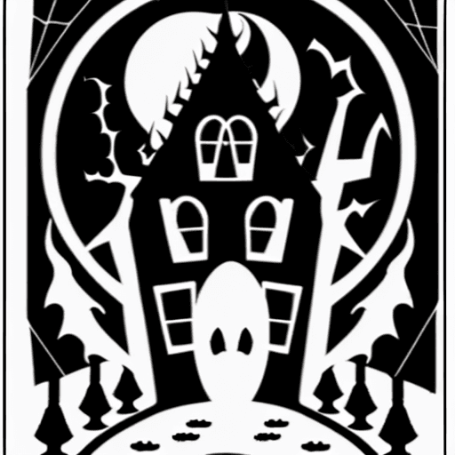 AI generated: Create a black and white Halloween-themed coloring page featuring a spooky haunted house. The house ...