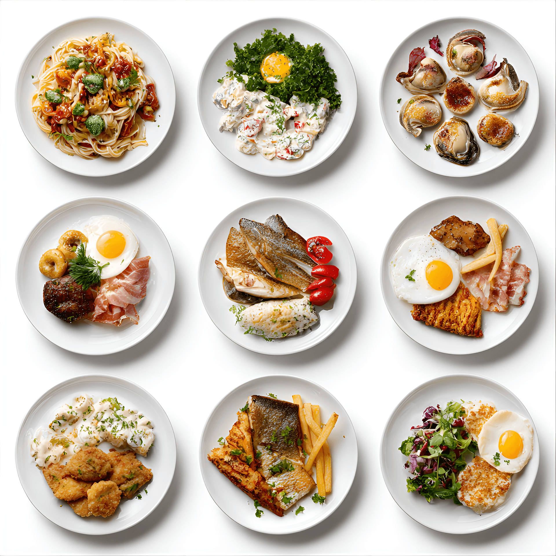 AI generated: Assorted food plates, overhead view, various cuisines, high-angle shot, studio lighting, white backg...