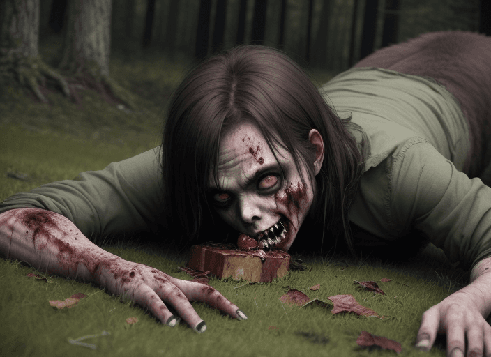 AI generated: a zombie lying on the ground eating a bear