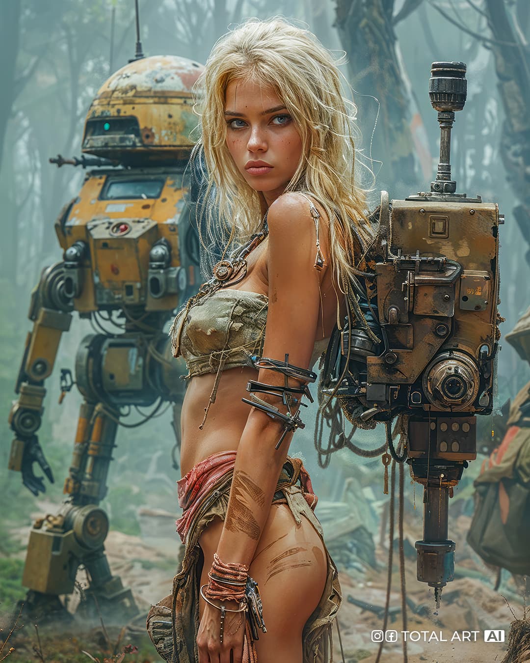 AI generated: Full body shot, dynamic combat shot of cyberpunk beauty blondie mech girl warrior, there is a milita...
