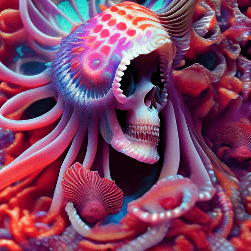 AI generated: Goddess close-up portrait ribcagel. jellyfish phoenix head, nautilus, orchid, skull, betta fish, bio...