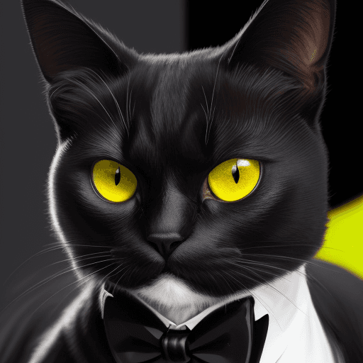 AI generated: tuxedo cat its piercing green-yellow eyes staring intently, with fine white whiskers and a distingui...