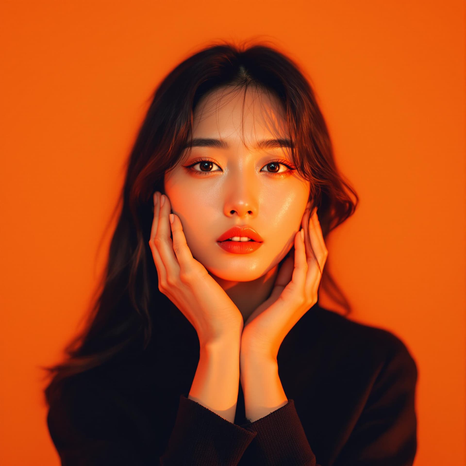 AI generated: photography, orange hue, korean woman model, solid orange backdrop, using a camera setup that mimics...