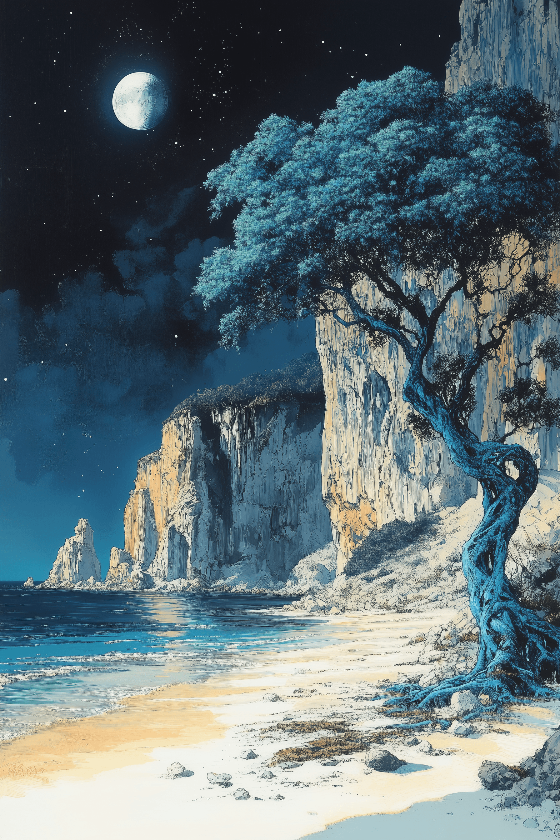 AI generated: illustrated in the style of Roger Dean, depicting Symbiosis with the moon in the background, a stran...