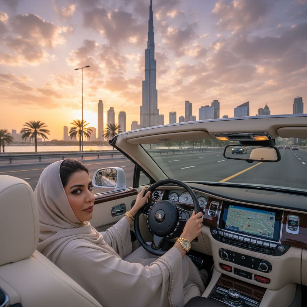AI generated: 		1. Luxus und Mobilität – Frau in einem Luxusauto:
Eine arabische Frau in einem luxuriösen Auto (z....