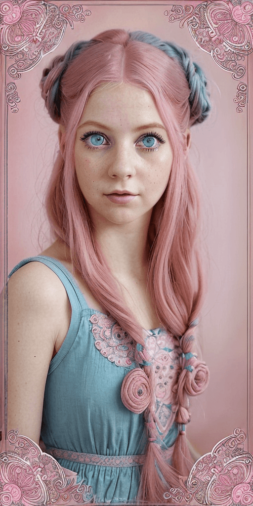AI generated: A girl with pink hair and blue eyes in an Antique style. The girl has beautiful and big eyes, with l...