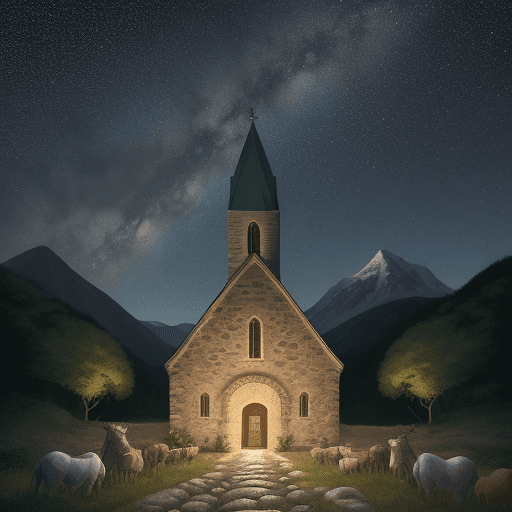 AI generated: Design of an illustrated advertising poster, about the birth of Jesus in a stable, surrounded by a s...