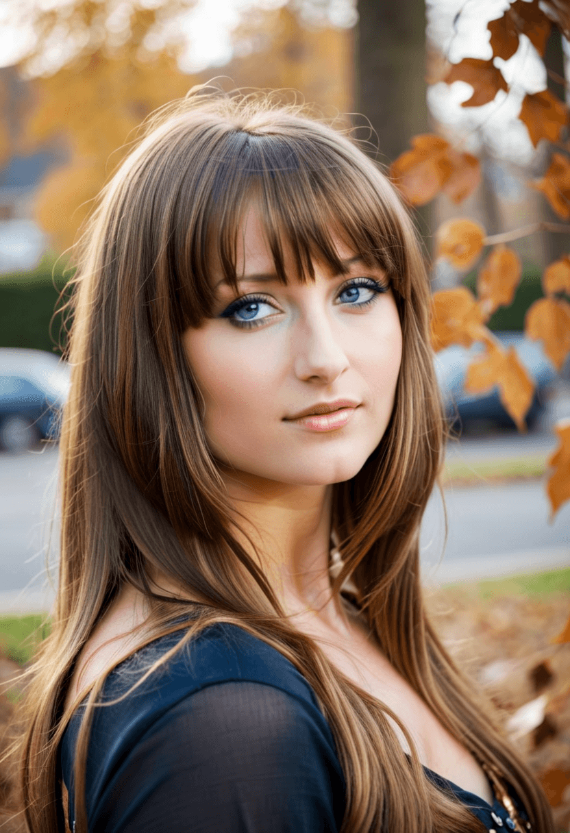 AI generated: analog film photo woman, from the side, long brunette hair with bangs, light-blue eyes, light smile,...