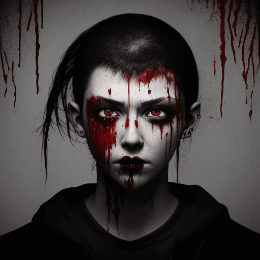 AI generated: blood, bloody, head with knives sticked, colored black eyes, drugged, 12k