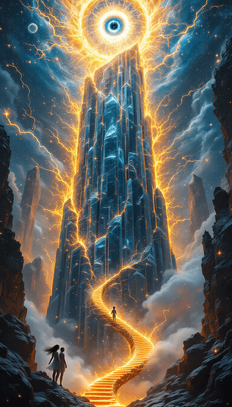 AI generated: A colossal crystalline tower, crafted from liquid gold and neon threads of fate, shatters into infin...