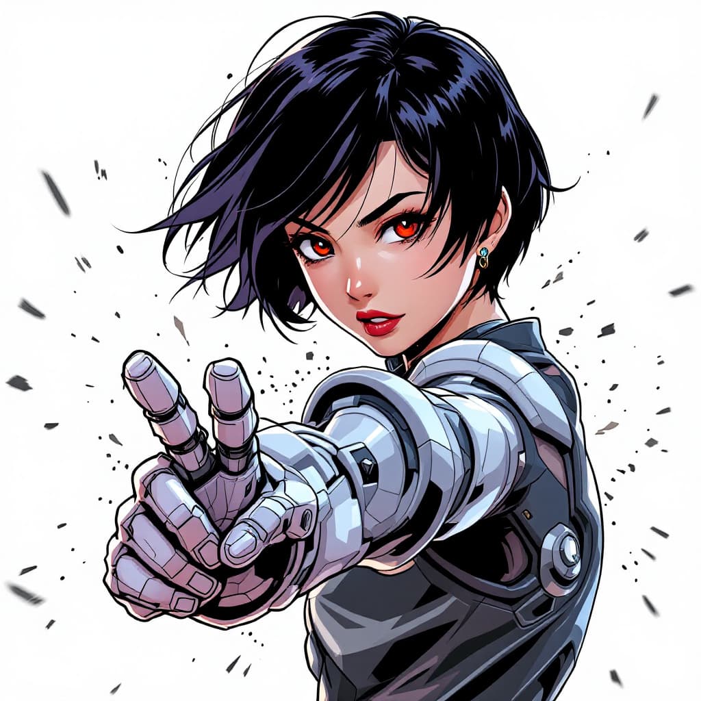 AI generated: manga style girl asian short black hair. she does a fighting pose. she does flying kick on robotic f...