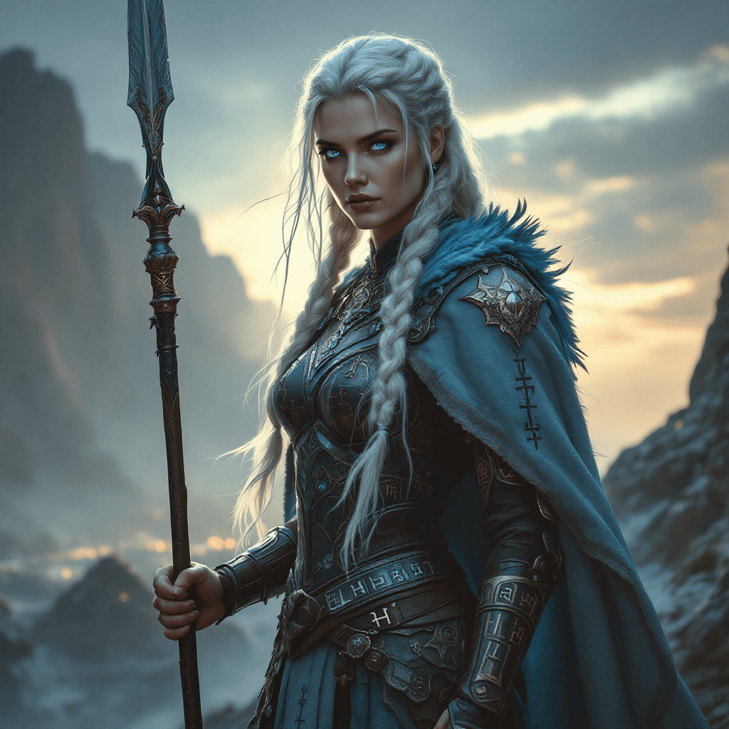 AI generated: The Valkyrie Oracle: A formidable warrior with long, braided platinum blonde hair, often adorned wit...