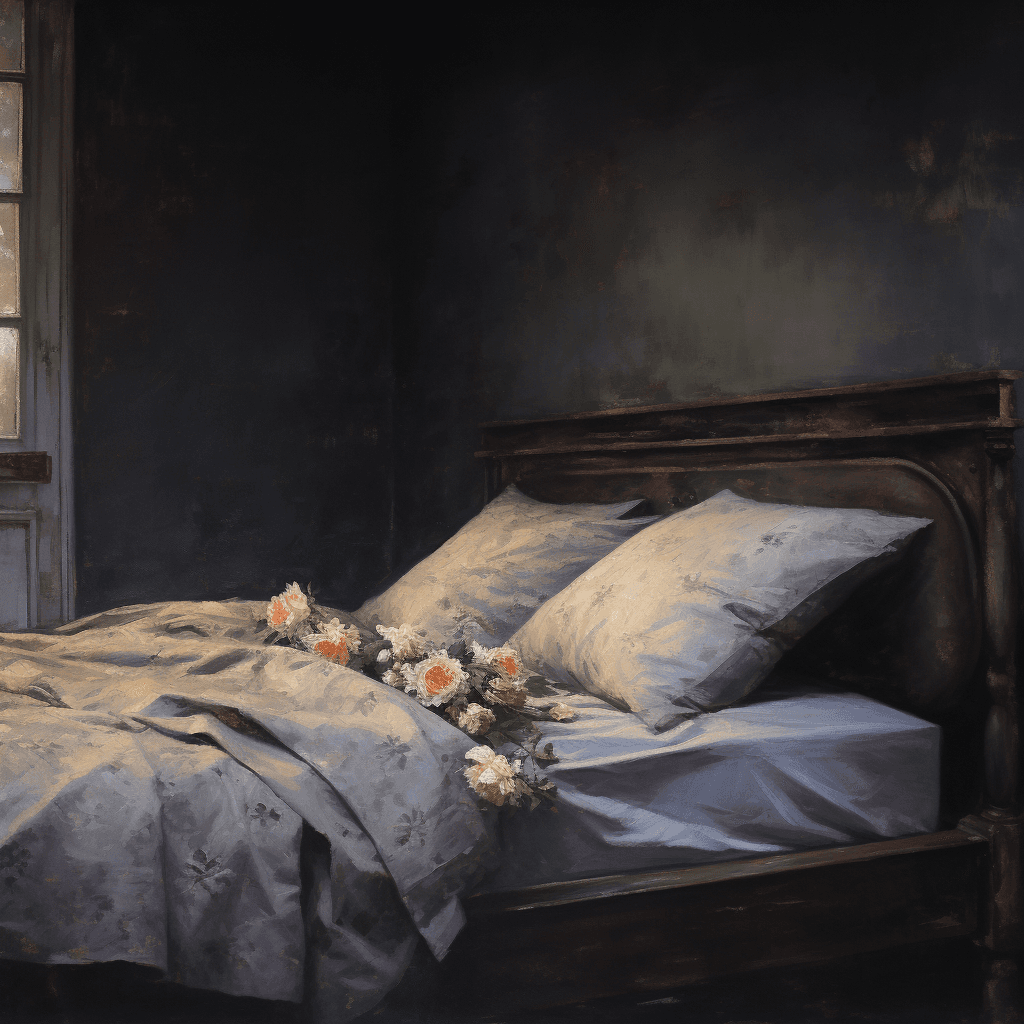 AI generated: Oil painting of bed with floral patterned white sheets, dimly lit room, antique style, vintage, dark...