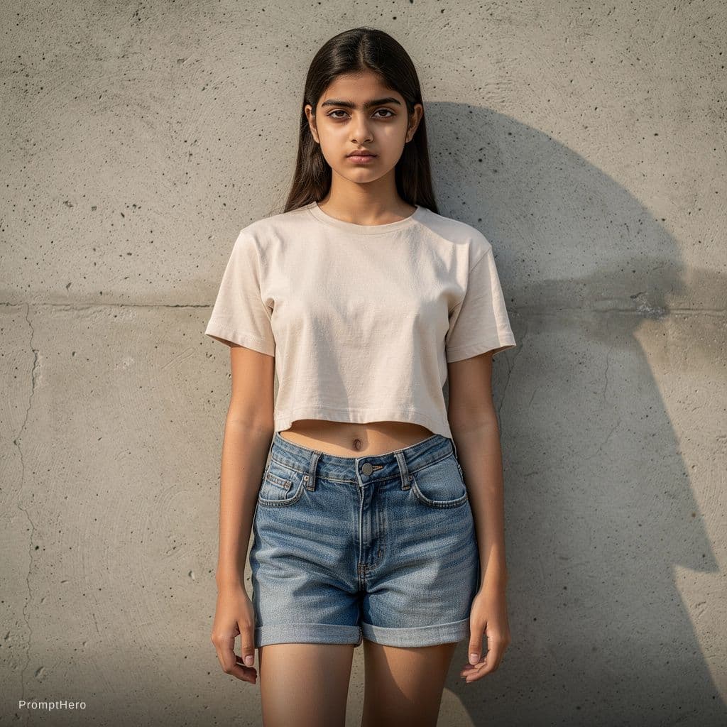 AI generated: wearing shorts and short top standing in front of wall 16 years indian girl with fair skin tone  loo...