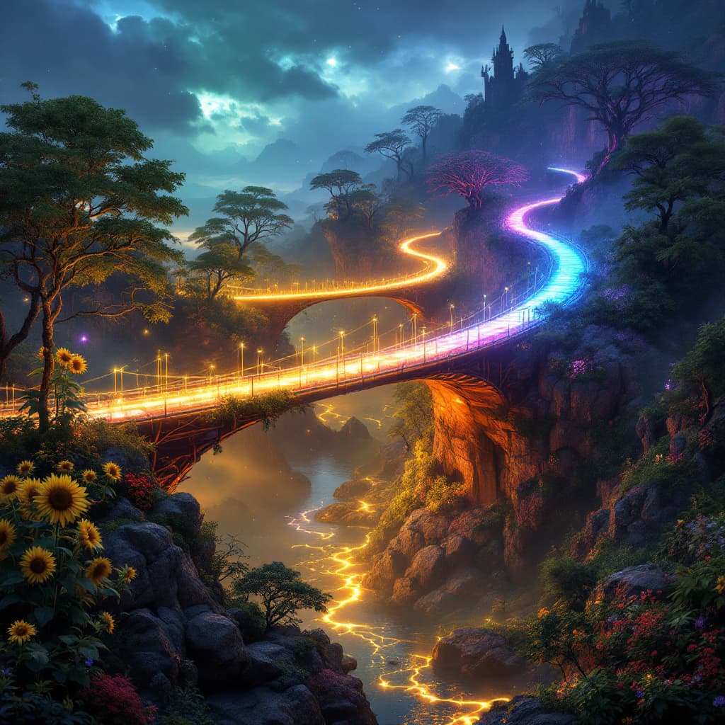 AI generated: 
"Create an photorealistic pictue of a bridge made entirely out of glowing, colorful lights that con...