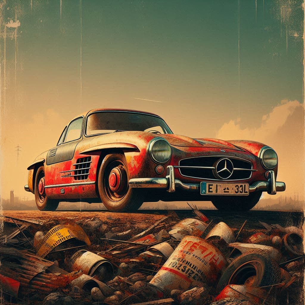 AI generated: Mercedes-Benz 300SL (1954) poster, in the style of rustic simplicity, gritty reportage, kombuchapunk...